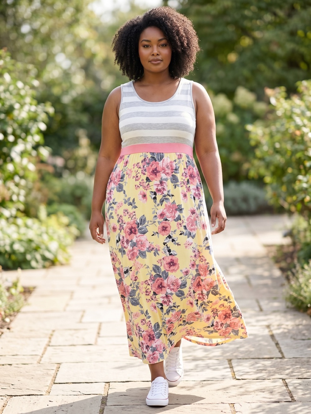 Egy California maxi tank top dress pink floral gray striped sundress size 1XL
